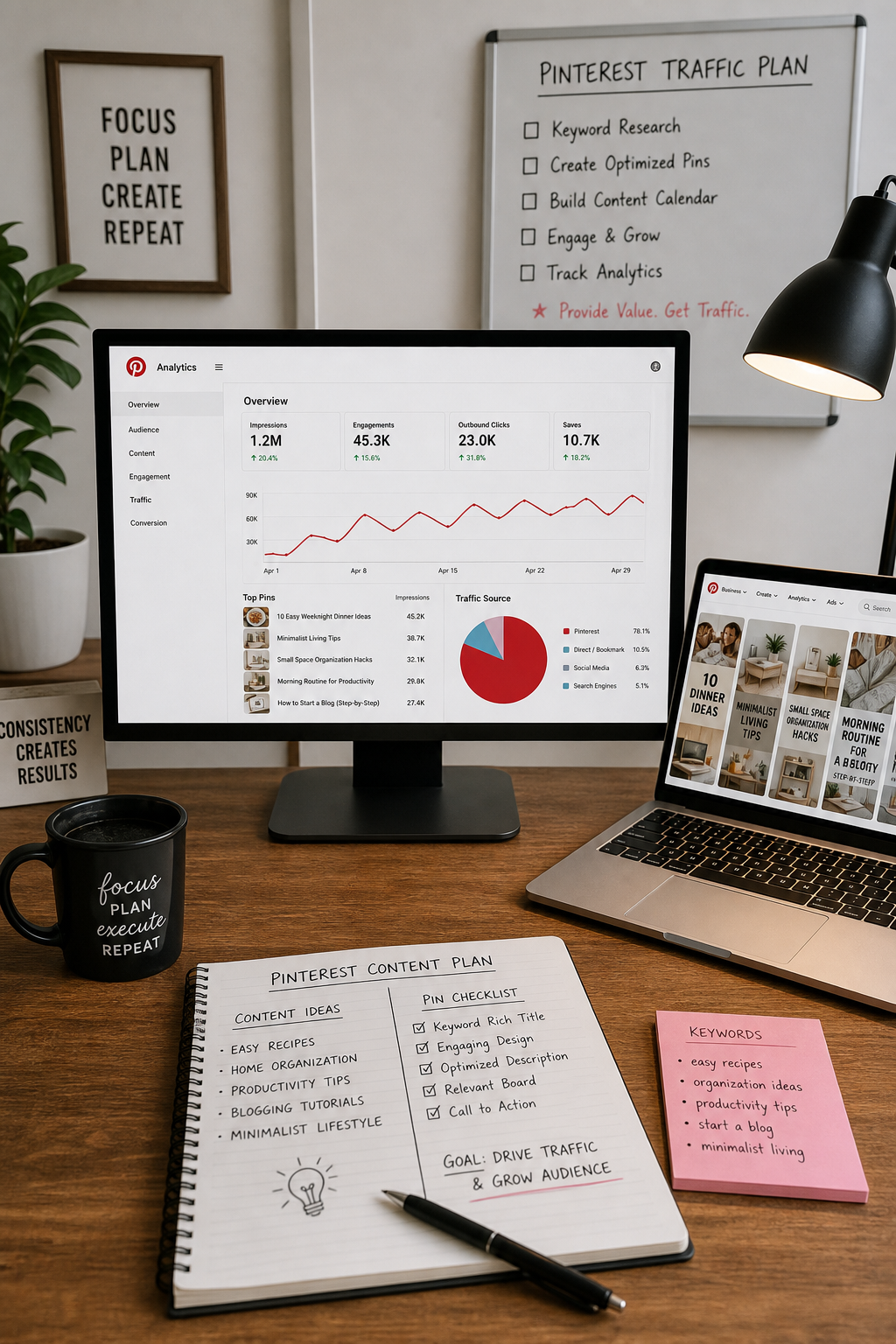 Professional workspace showing Pinterest traffic planning and content creation