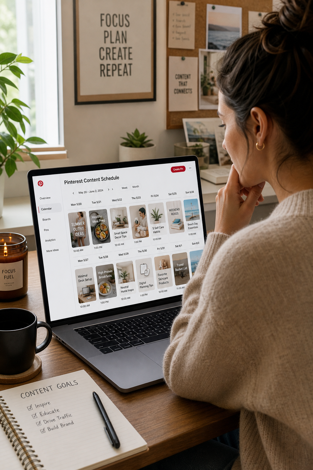 Marketer reviewing Pinterest content schedule on a laptop