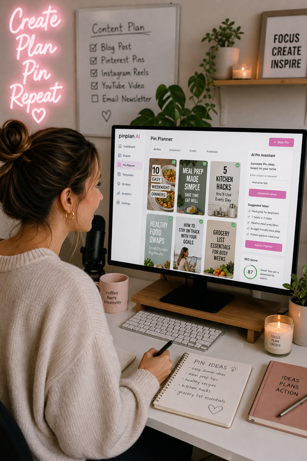 Content creator using AI-assisted Pinterest pin planning software