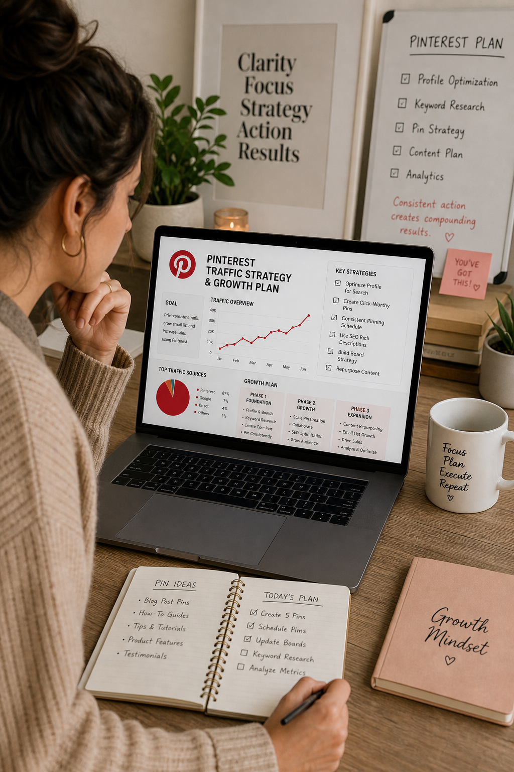 Business owner reviewing Pinterest traffic strategy and growth plan